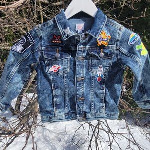 Upcycled Childrens 5t jean jacket with outer space themed iron on patches
